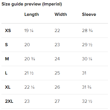 Size Guide Imperial